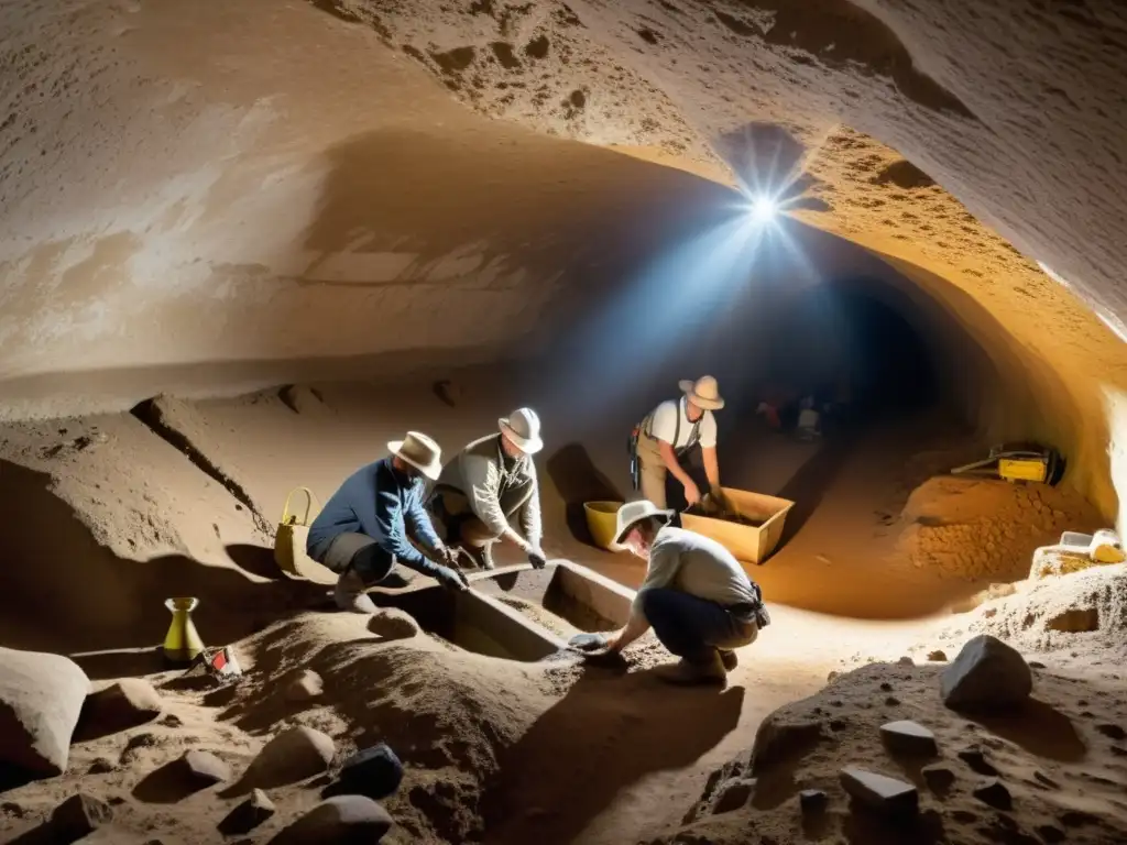 Equipo de arqueólogos y  historiadores excavando una estructura subterránea histórica con delicadeza, iluminados por luz natural