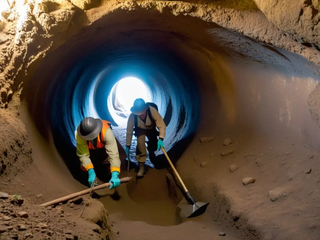 Un equipo de arqueólogos y historiadores excava meticulosamente un túnel histórico, desvelando secretos con técnicas delicadas y determinación