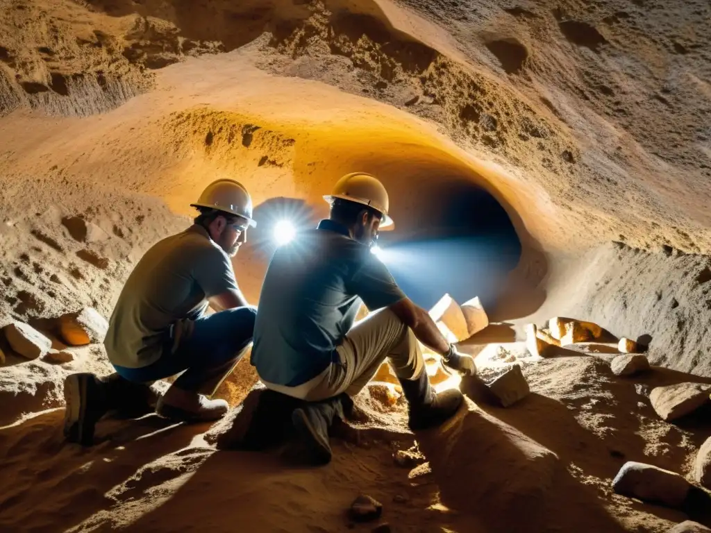 Un equipo de arqueólogos iluminados por sus lámparas de cabeza, descubriendo artefactos antiguos en un túnel subterráneo