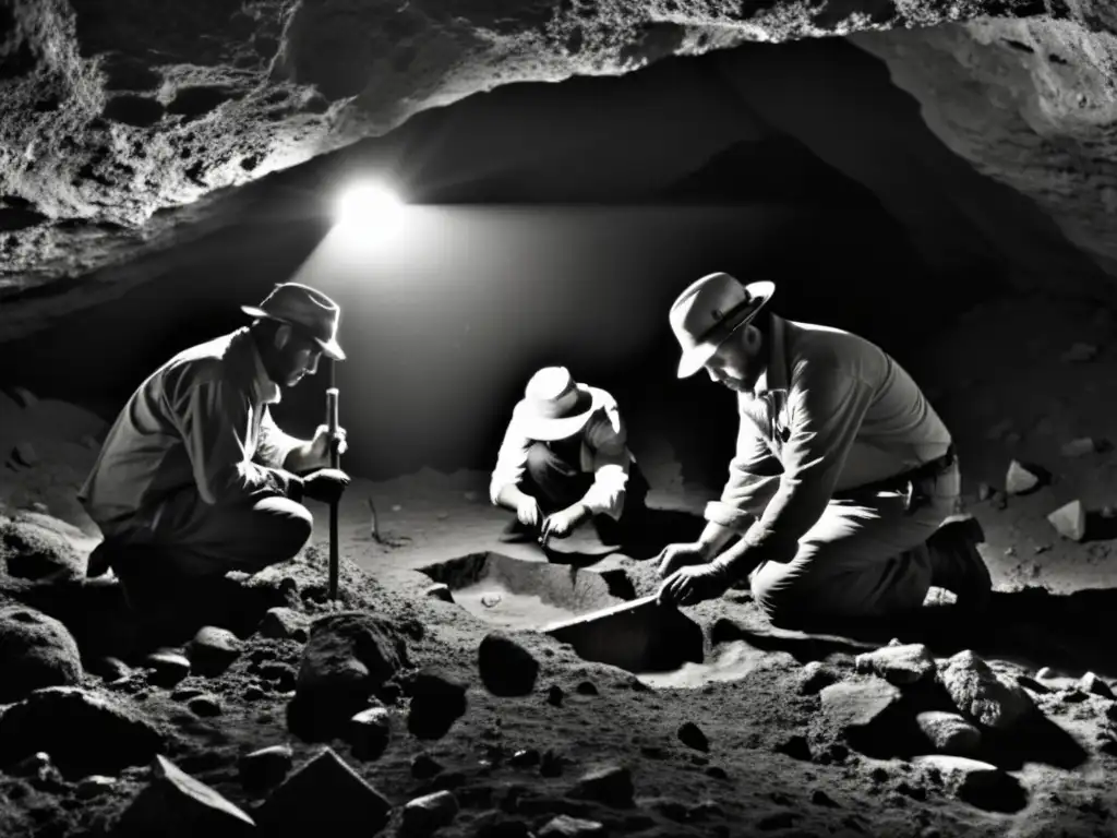 Un equipo de arqueólogos iluminados por linternas descubren artefactos antiguos en un sitio subterráneo