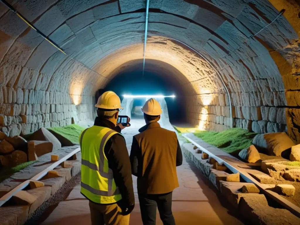 Exploración de túnel histórico con realidad aumentada Equipo de arqueólogos y ingenieros utilizando Realidad Aumentada en túneles históricos para explorar y mapear un túnel antiguo, creando una asombrosa conexión entre tecnología moderna y la historia ancestral