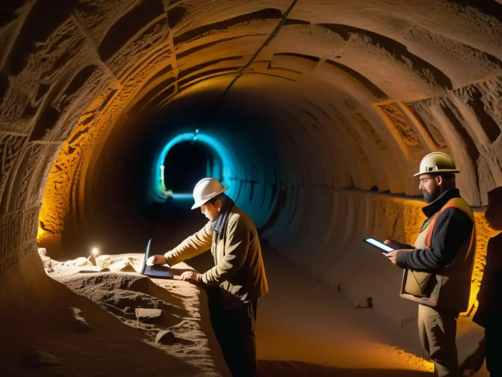 Un equipo de arqueólogos y ingenieros utiliza software de mapeo 3D en un túnel histórico, iluminando su entorno antiguo con moderna tecnología