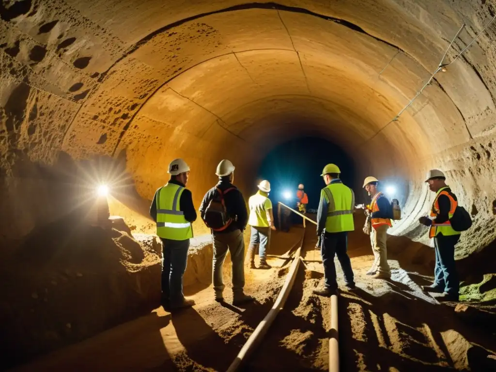 Un equipo de arqueólogos y ingenieros explorando un túnel histórico con detalle, emoción y misterio