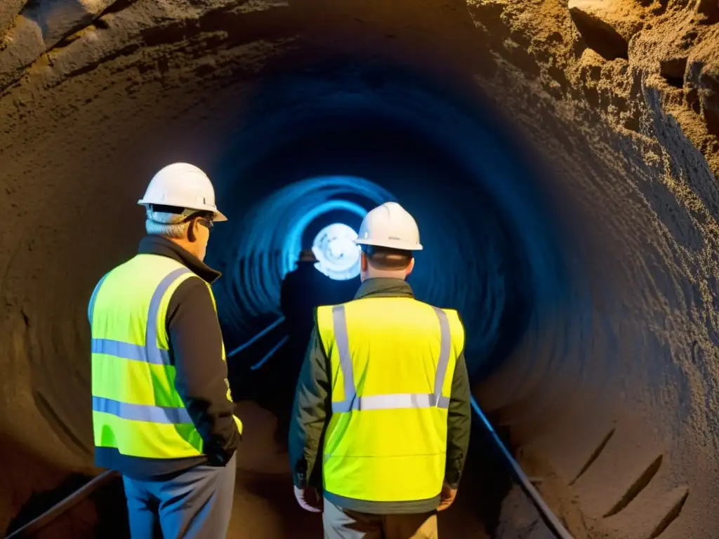 Equipo de arqueólogos y ingenieros explorando túneles subterráneos con tecnología avanzada, revelando la evolución de construcciones subterráneas