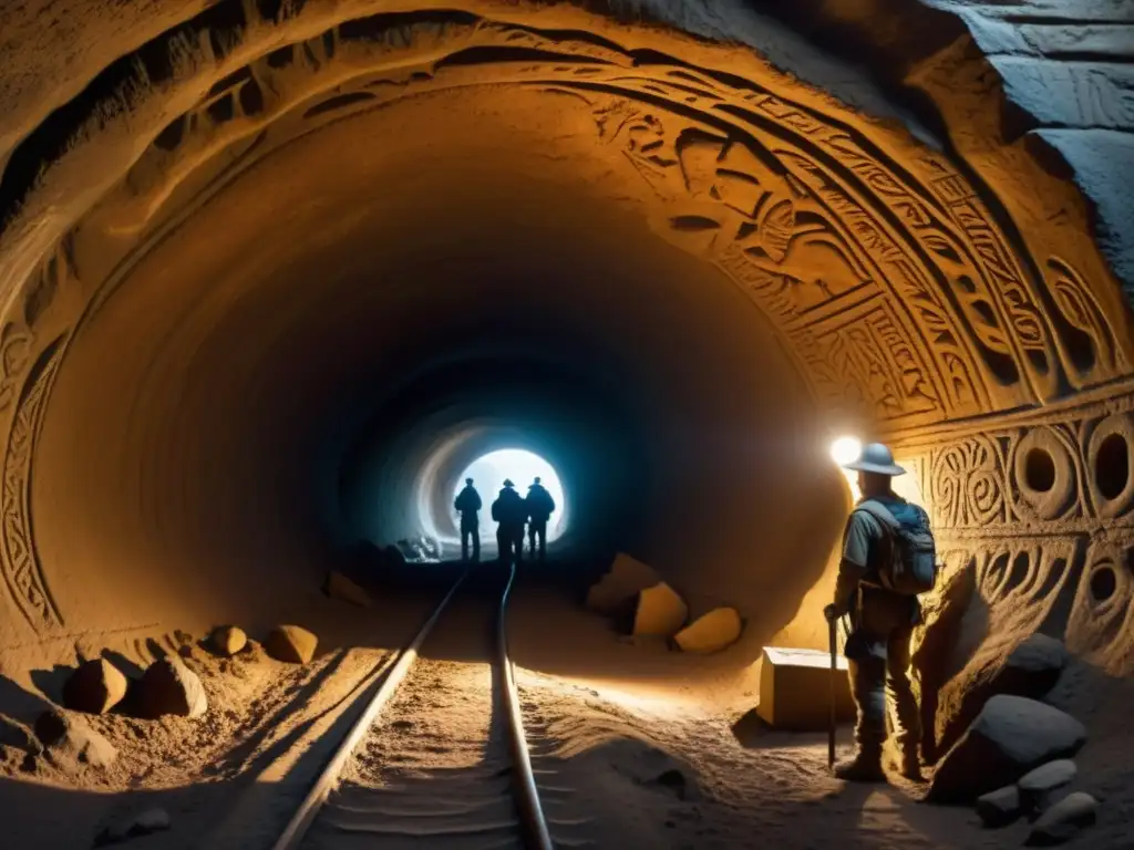 Un equipo de arqueólogos ilumina con sus lámparas frontales un antiguo túnel, revelando intrincadas marcas en las paredes