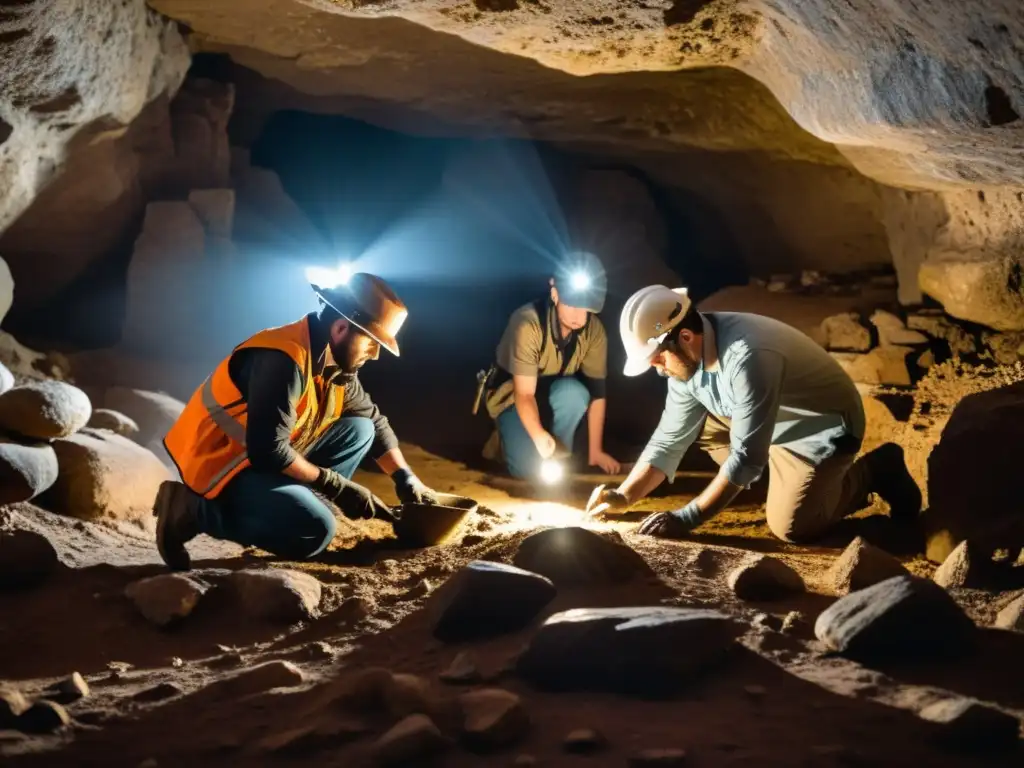 Un equipo de arqueólogos con linternas excavando artefactos en una cámara subterránea iluminada por sus lámparas frontales