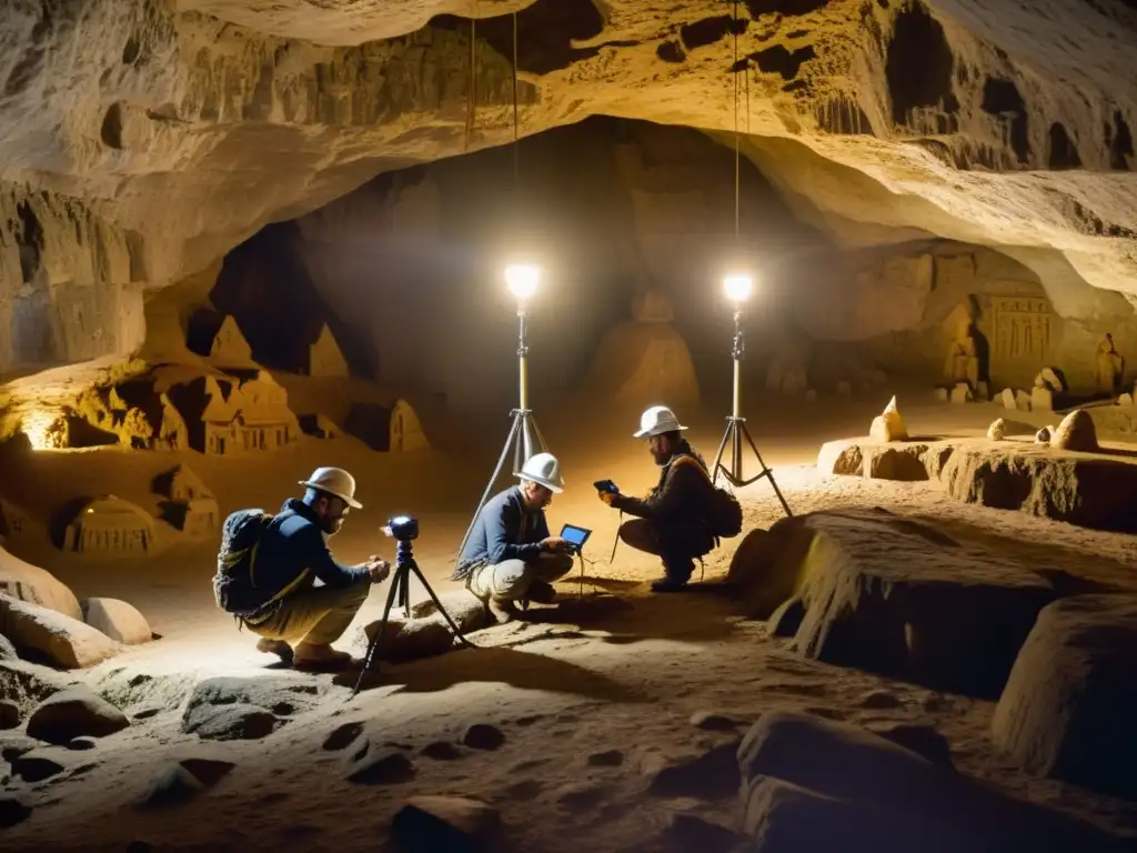 Equipo de arqueólogos con linternas frontales y escáneres 3D documentando en una cueva subterránea