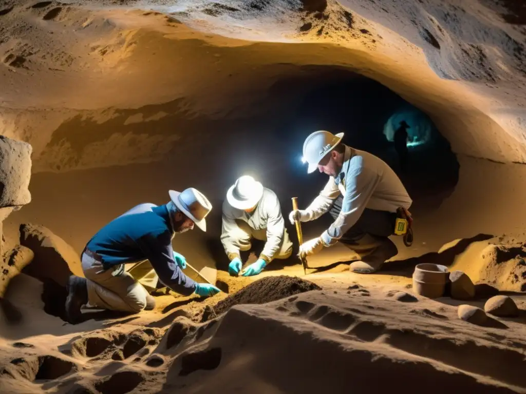 Equipo de arqueólogos restaurando lugares subterráneos, documentando la importancia de los hallazgos con meticulosidad y devoción