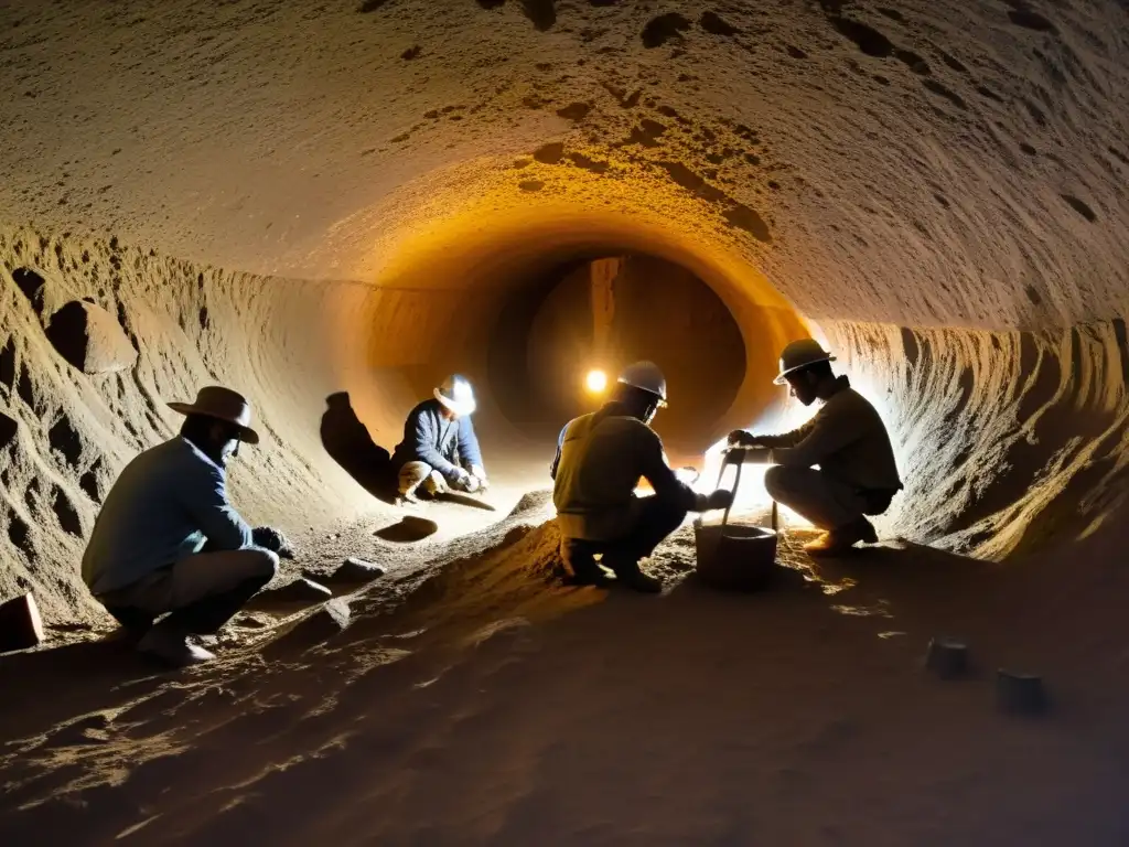 Un equipo de arqueólogos explora con meticulosidad un túnel subterráneo, desenterrando antiguos artefactos e inscripciones