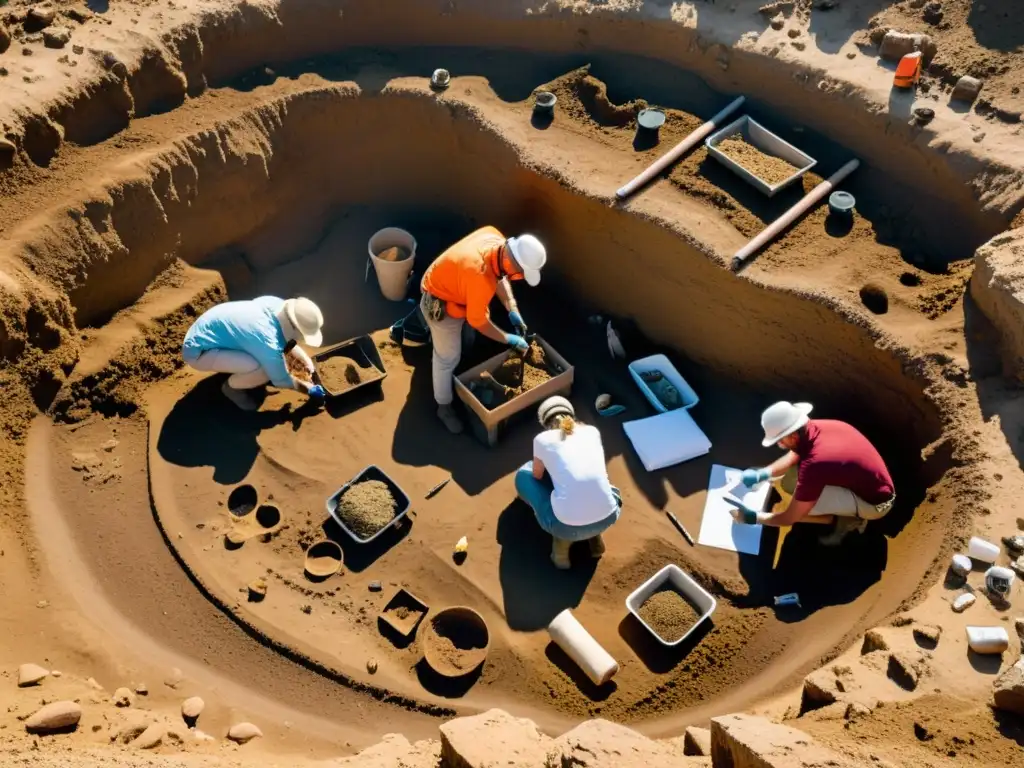 Excavación arqueológica: capas de sedimento revelan historia Equipo de arqueólogos documentando métodos de datación arqueología subterránea en sitio de excavación