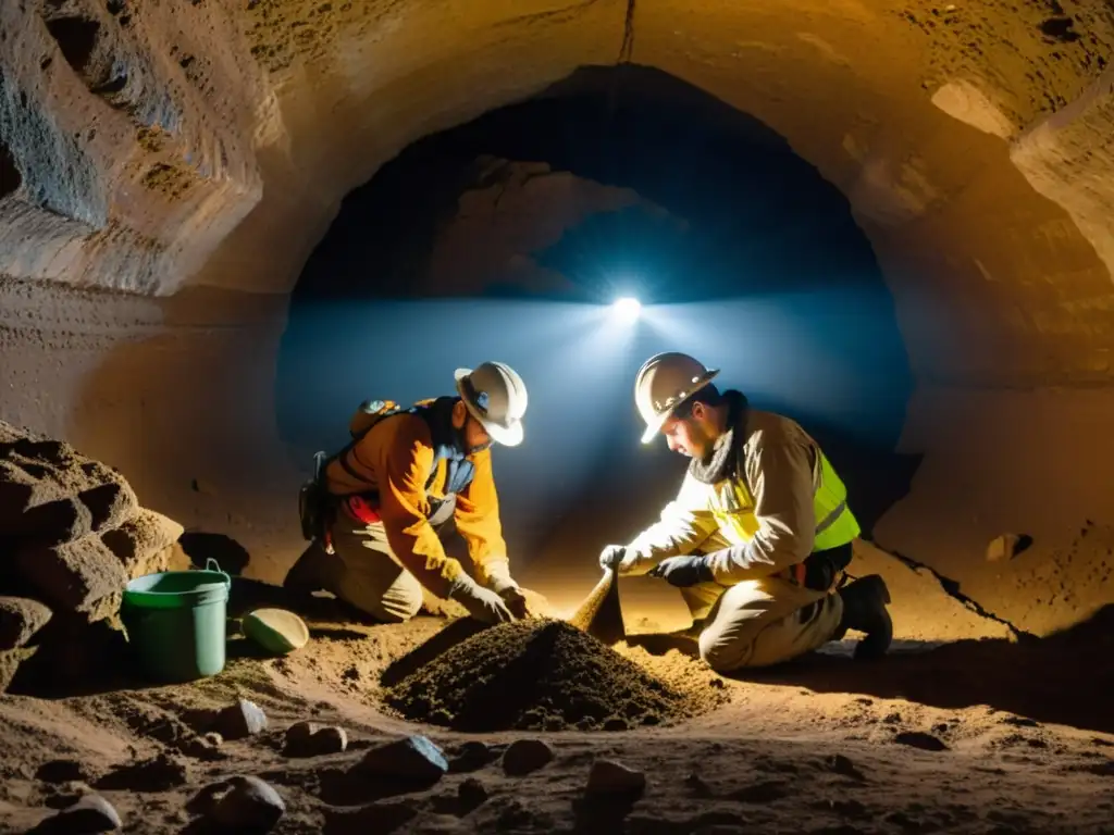 Equipo de arqueólogos en mina histórica, desenterrando artefactos con herramientas especializadas bajo la tenue luz, revelando misterios del pasado