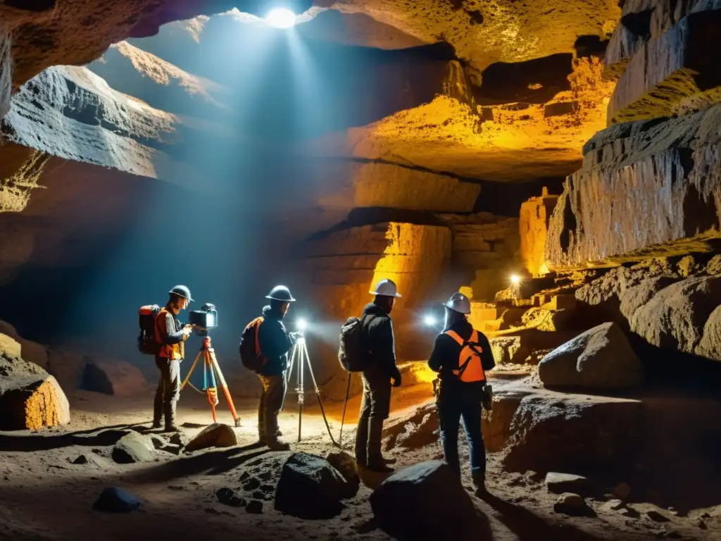 Equipo de arqueólogos explorando las misteriosas minas históricas oscurecidas, revelando capas de historia con tecnología avanzada