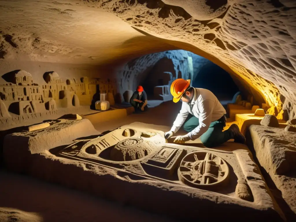 Equipo de arqueólogos utiliza tecnología 3D para preservar patrimonio subterráneo con precisión y dedicación, iluminados por luz suave