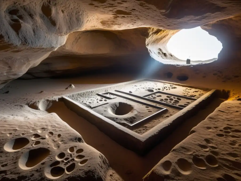 El equipo de arqueólogos estudia minuciosamente las pisadas antiguas subterráneas con herramientas arqueológicas en una cámara subterránea iluminada