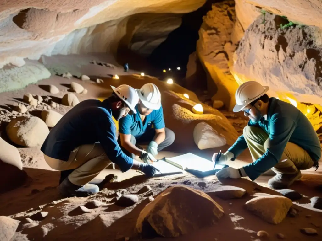 Equipo de arqueólogos excavando con precisión formaciones minerales en un sitio subterráneo