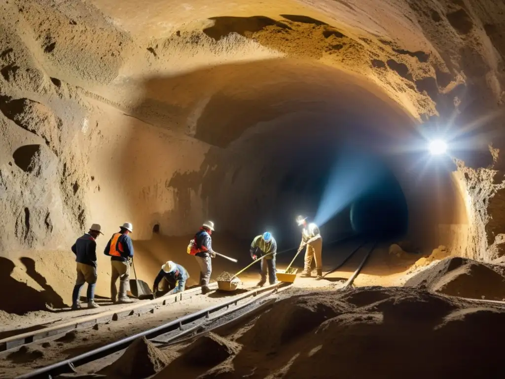 Un equipo de arqueólogos excavando con precisión en un túnel subterráneo histórico, iluminados por luz natural