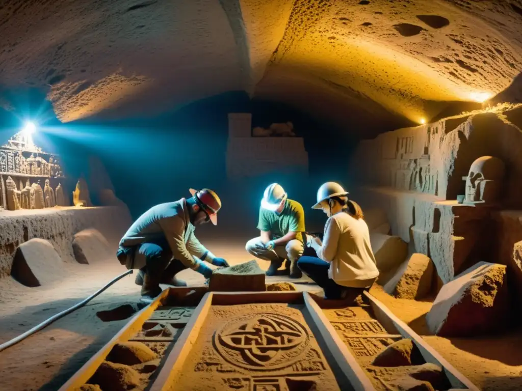 Equipo de arqueólogos usando Realidad Aumentada en excavación subterránea, descubriendo tesoros antiguos entre símbolos misteriosos