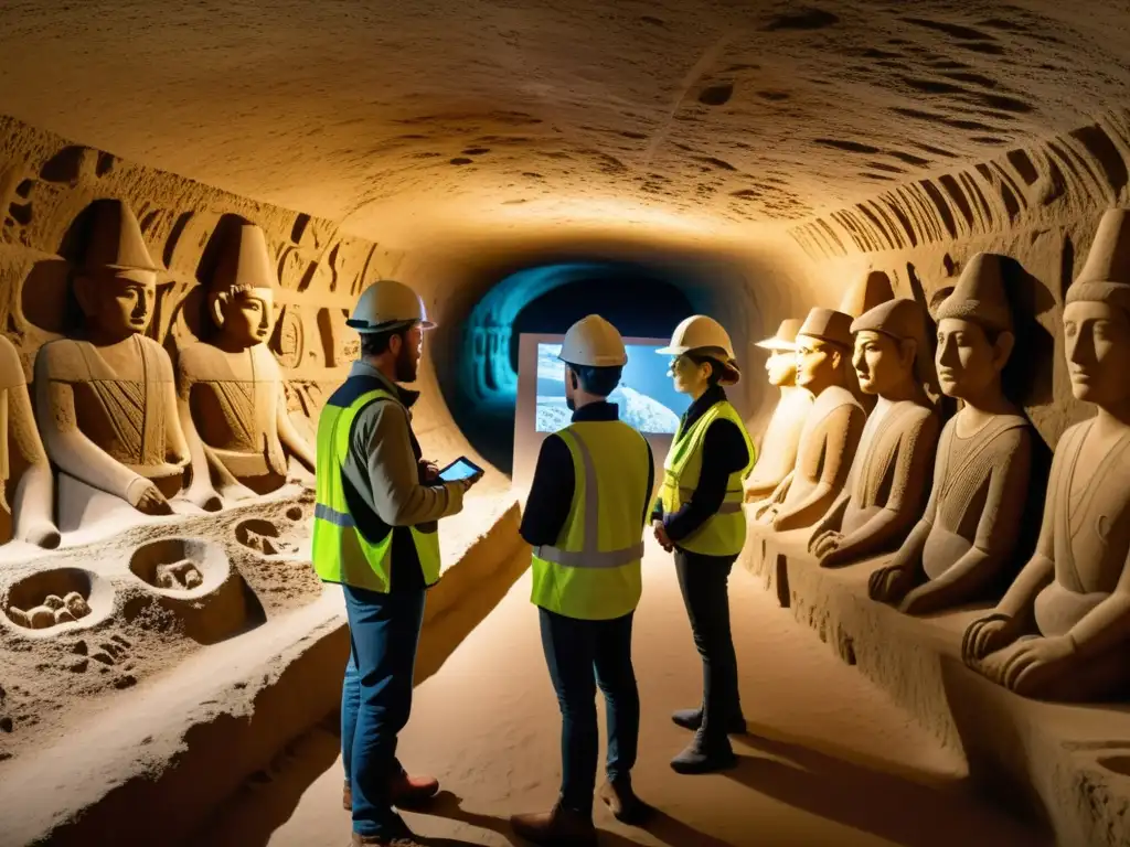 Equipo de arqueólogos usando realidad aumentada para explorar túneles subterráneos, revelando antiguos artefactos y carvings en la penumbra