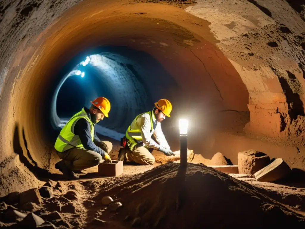 Equipo de arqueólogos explorando redes subterráneas históricas, descubriendo artefactos antiguos en pasajes iluminados por lámparas frontales