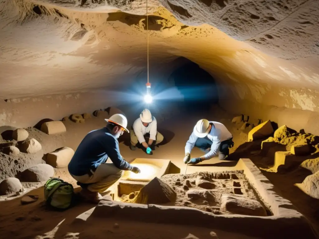 Un equipo de arqueólogos documentando reliquias en cámara subterránea, destacando leyes protección maravillas subterráneas