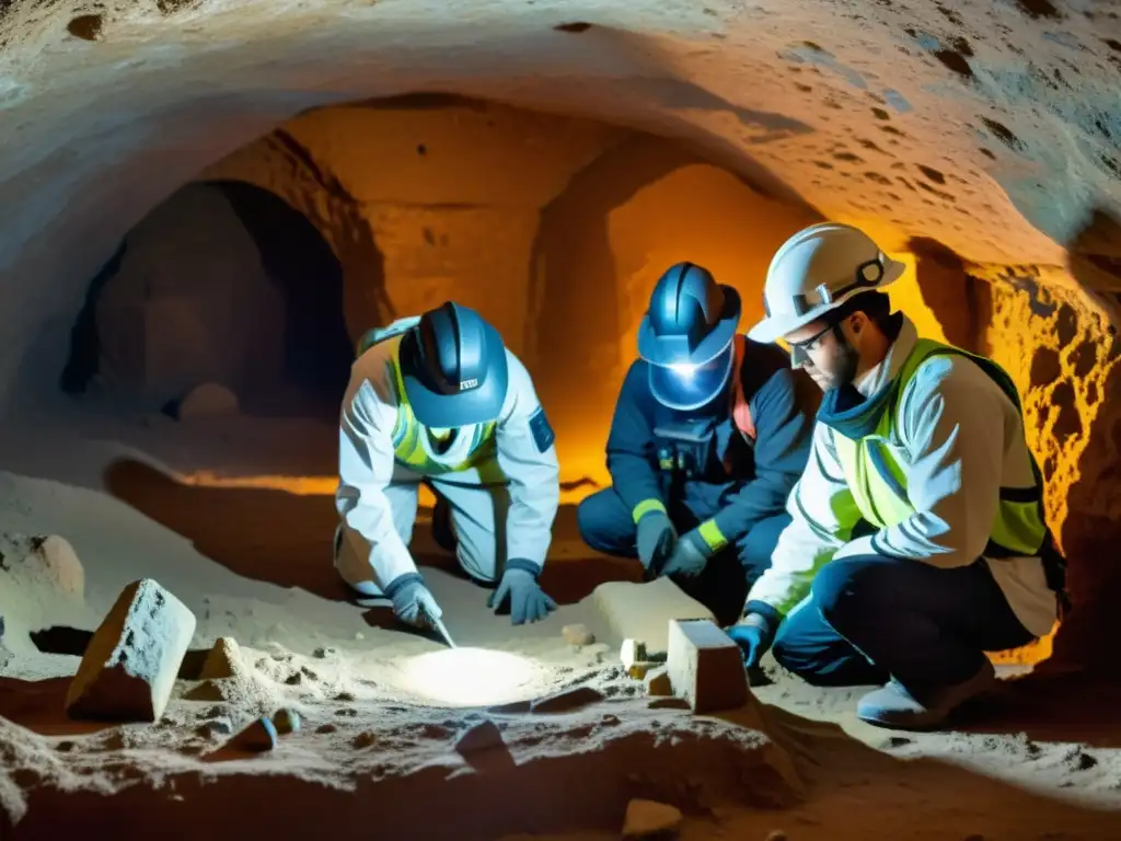 Equipo de arqueólogos explorando ruinas subterráneas con tecnología de realidad aumentada en búsqueda de artefactos antiguos y símbolos misteriosos