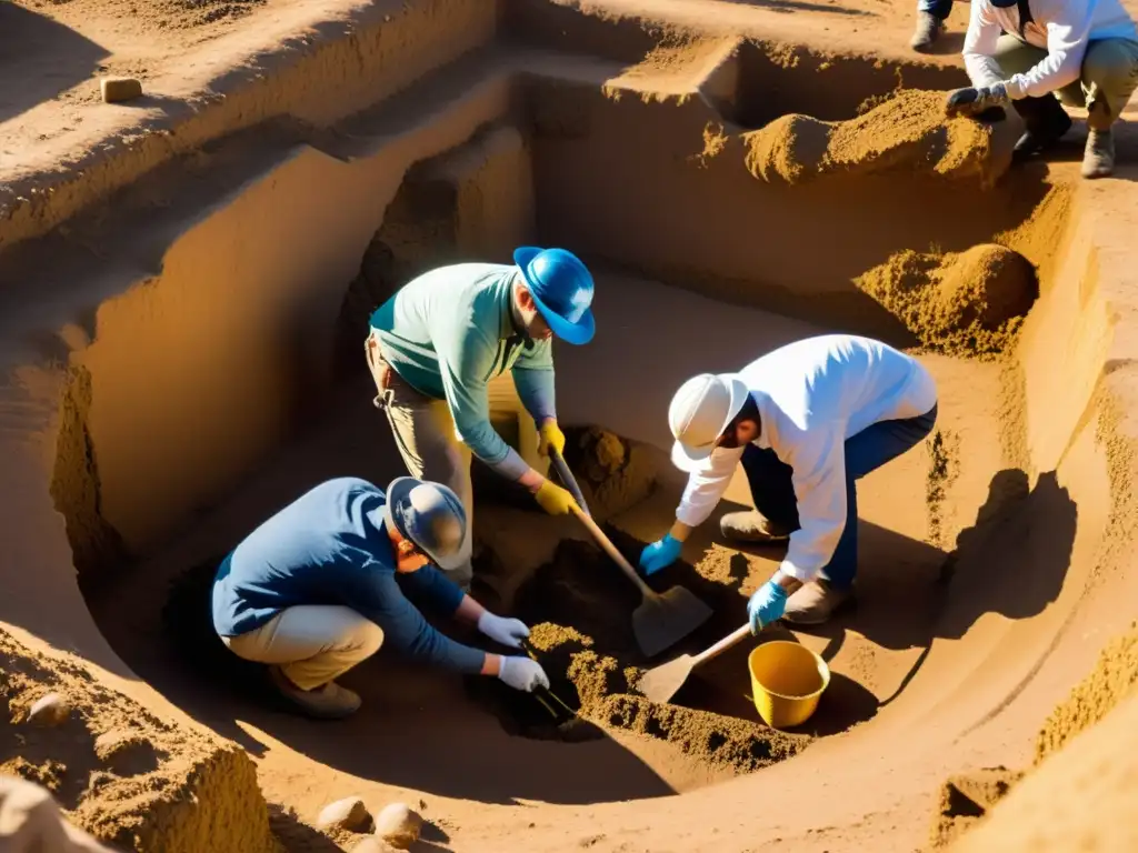 Un equipo de arqueólogos meticulosamente excava un sitio, revelando antiguos artefactos