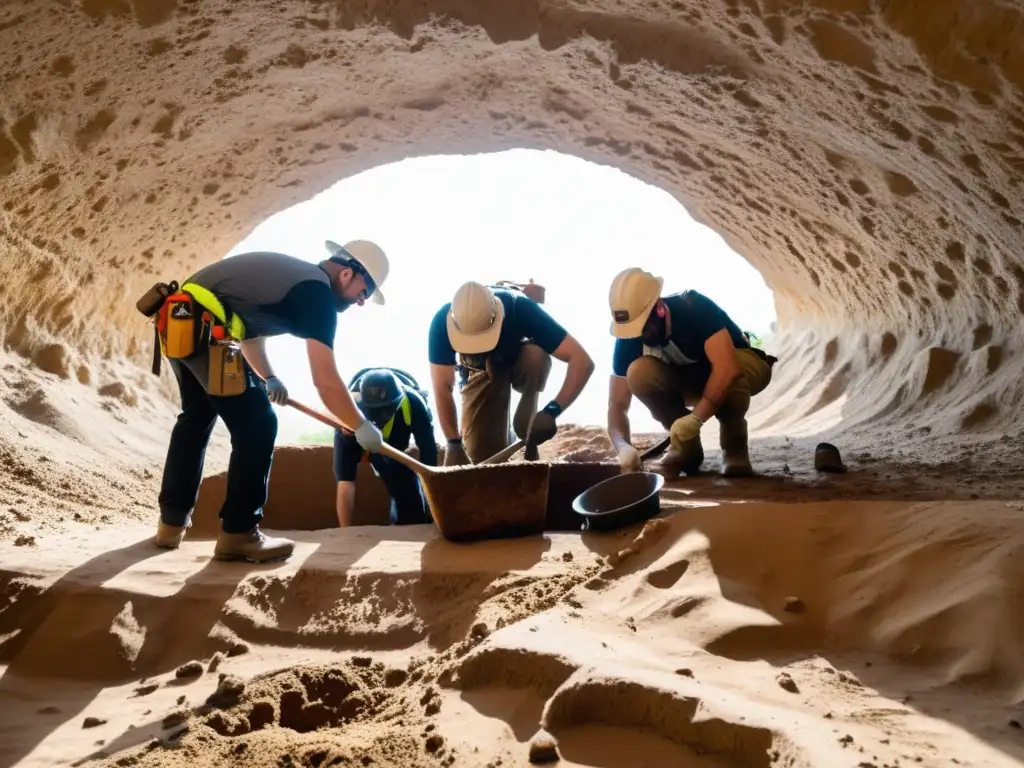 Equipo de arqueólogos excava cuidadosamente en sitio subterráneo, revelando artefactos antiguos con luz suave y sombras dramáticas