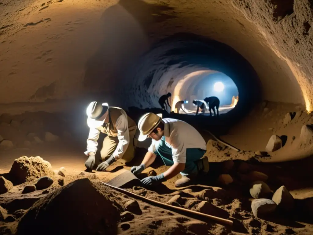 Equipo de arqueólogos excavando delicadamente en un sitio subterráneo, preservando secretos antiguos con principios de conservación