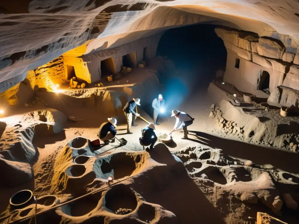 Equipo de arqueólogos excava en sitio subterráneo, iluminando antiguas ruinas