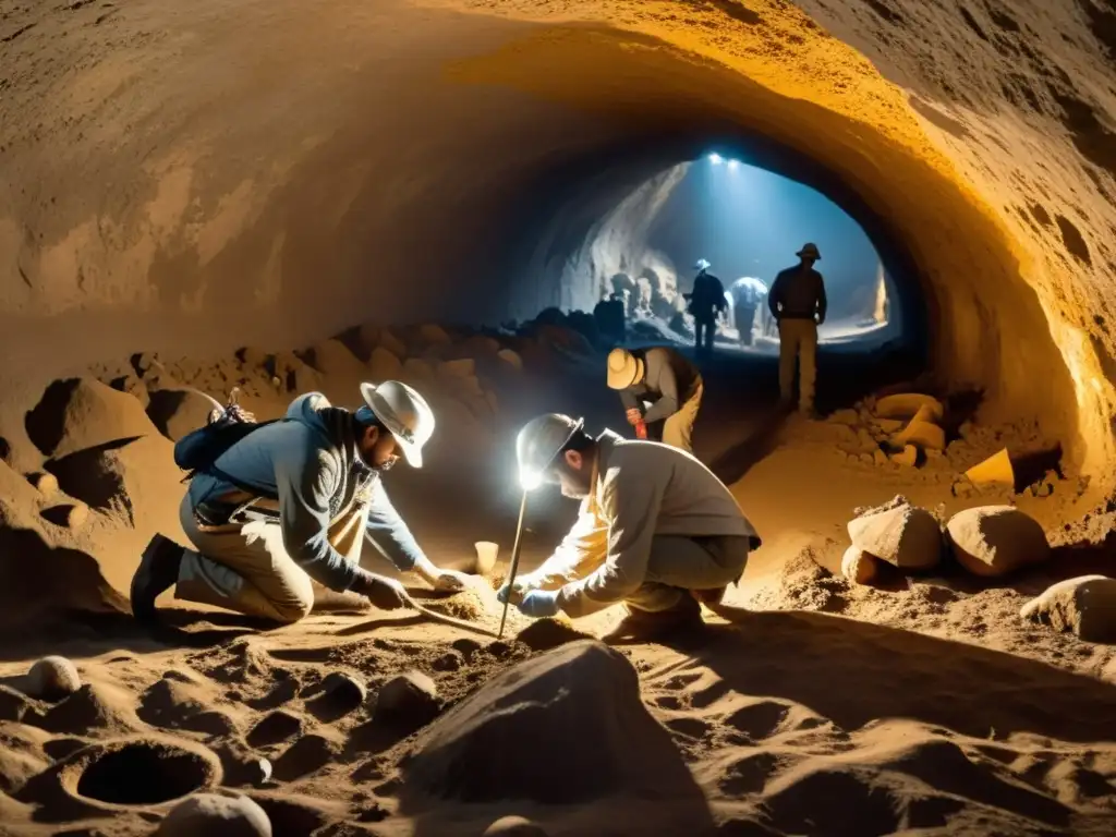 Equipo de arqueólogos excavando un sitio subterráneo, iluminados por lámparas, descubriendo un esqueleto bien conservado