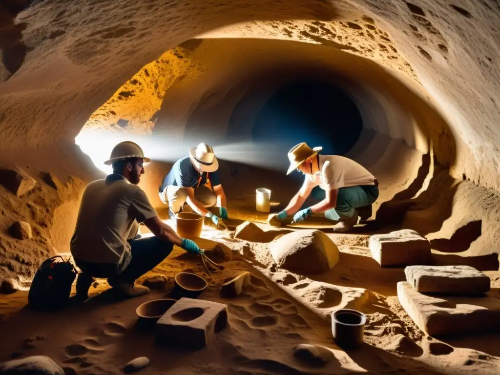 Un equipo de arqueólogos excava un sitio subterráneo, rodeado de artefactos antiguos, con una iluminación suave y sombras dramáticas