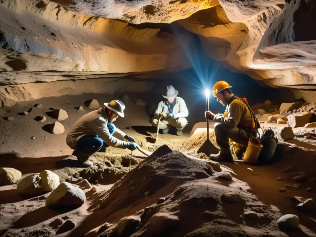 Un equipo de arqueólogos excava cuidadosamente en un sitio subterráneo, revelando formaciones minerales y artefactos antiguos