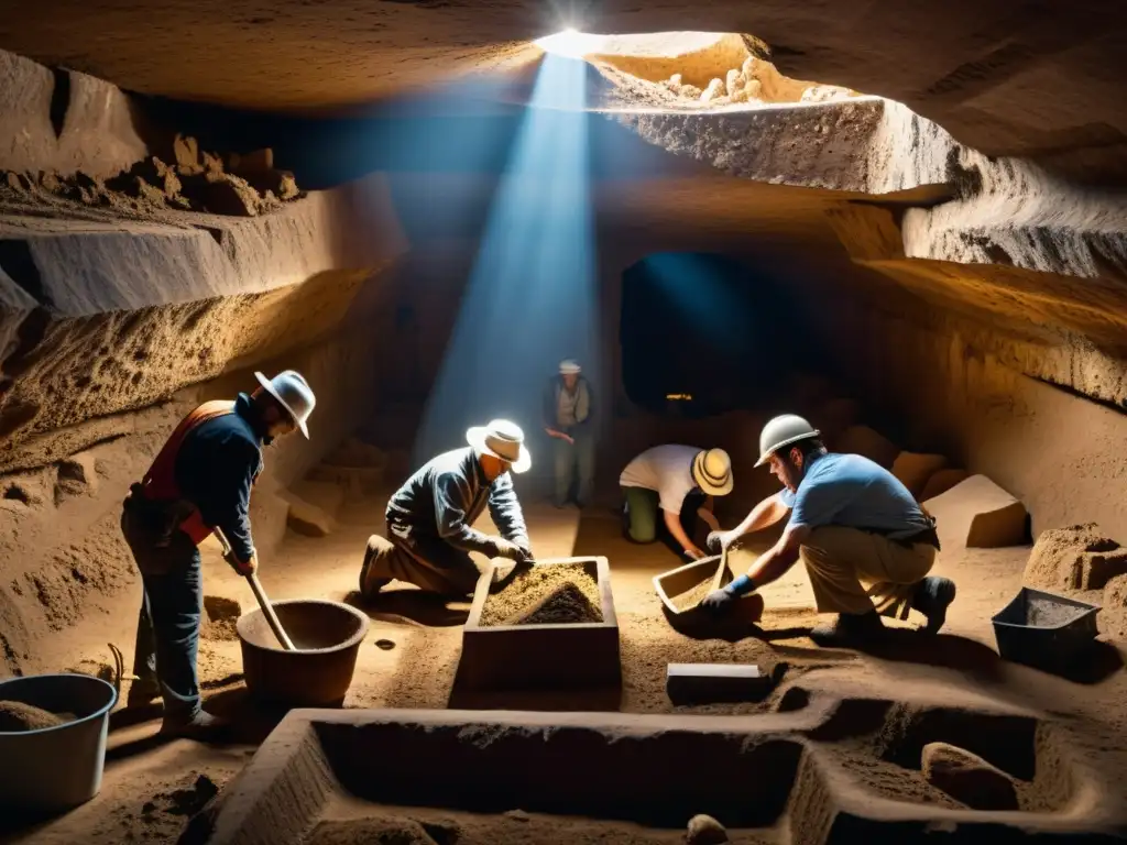 Equipo de arqueólogos excavando un sitio urbano subterráneo, con iluminación dramática y atmósfera de misterio y descubrimiento