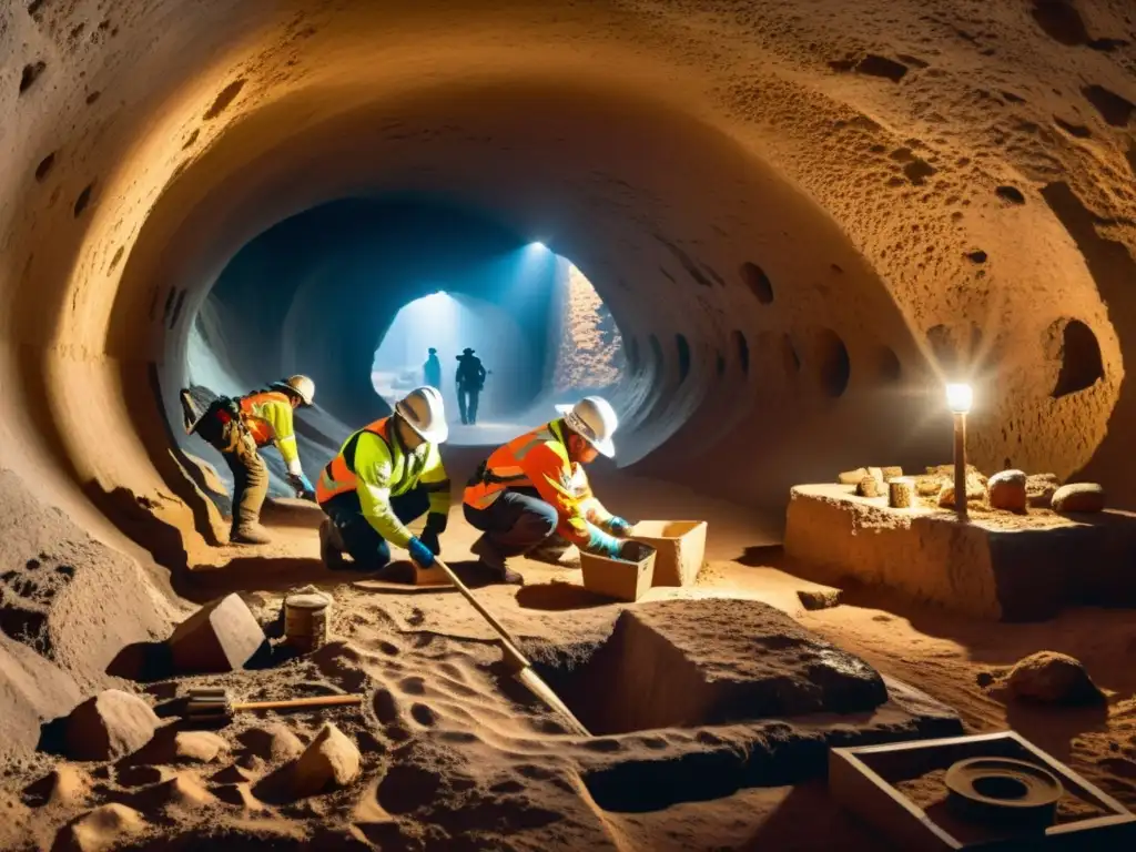 Equipo de arqueólogos explorando un sitio urbano subterráneo, rodeados de reliquias antiguas con iluminación dramática