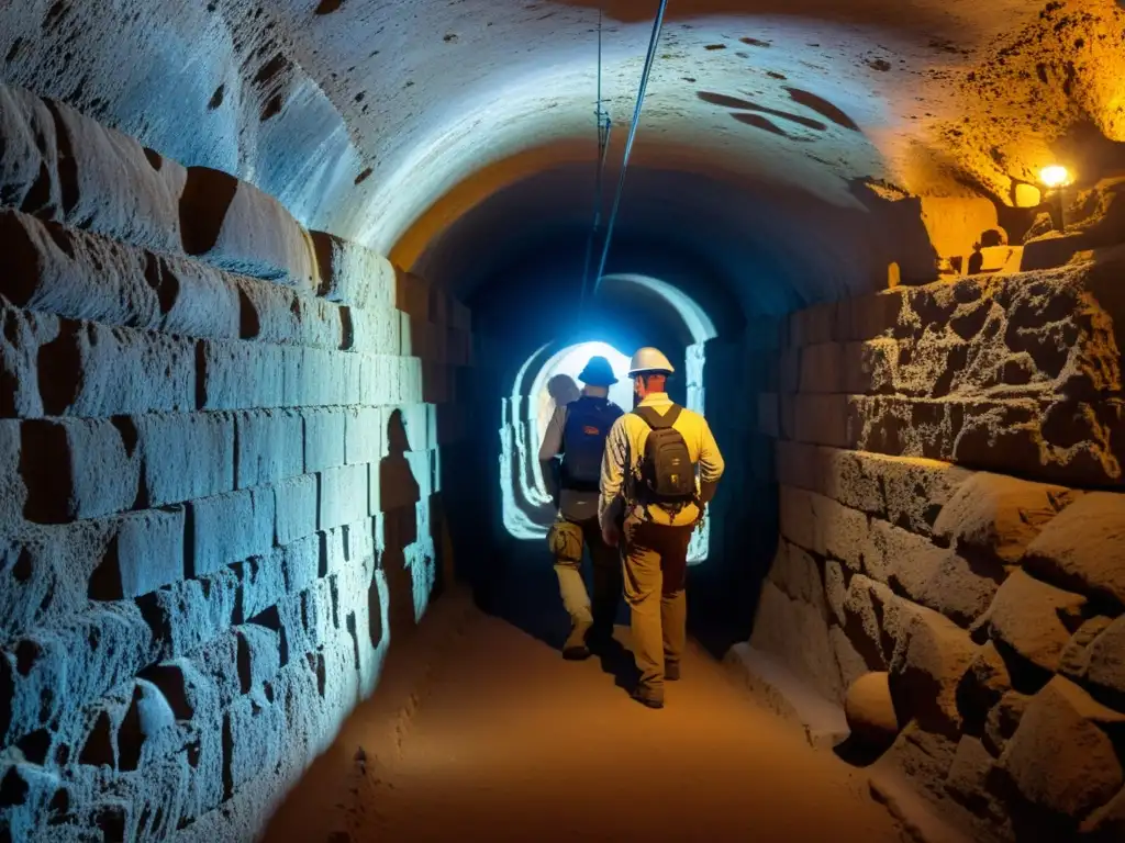 Equipo de arqueólogos utilizando software de exploración 3D en intrincados túneles subterráneos, capturando la misteriosa atmósfera de la exploración