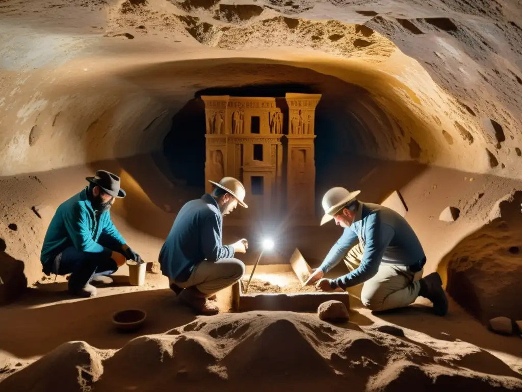 Equipo de arqueólogos utilizando software de mapeo para descubrimientos arqueológicos en cámara subterránea iluminada por luz natural