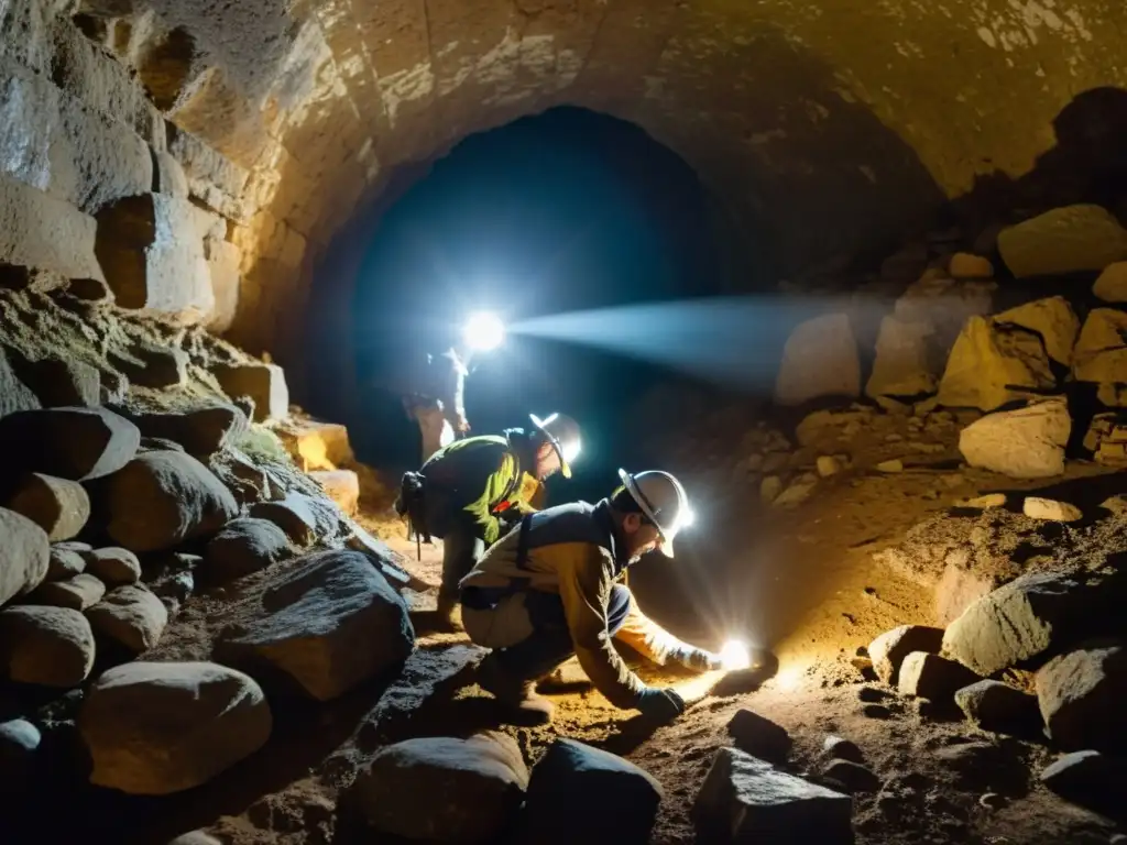 Equipo de arqueólogos usando técnicas de excavación en túneles históricos, revelando misterios del pasado en un ambiente impresionante y cautivador