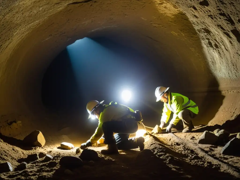 Un equipo de arqueólogos utilizando técnicas de excavación en túneles históricos, descubriendo artefactos antiguos en un ambiente de misterio y concentración