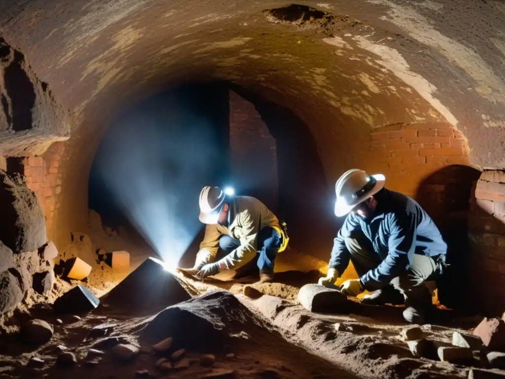 Equipo de arqueólogos excava con técnicas en túneles históricos, revelando antiguos artefactos en misterioso y polvoriento ambiente