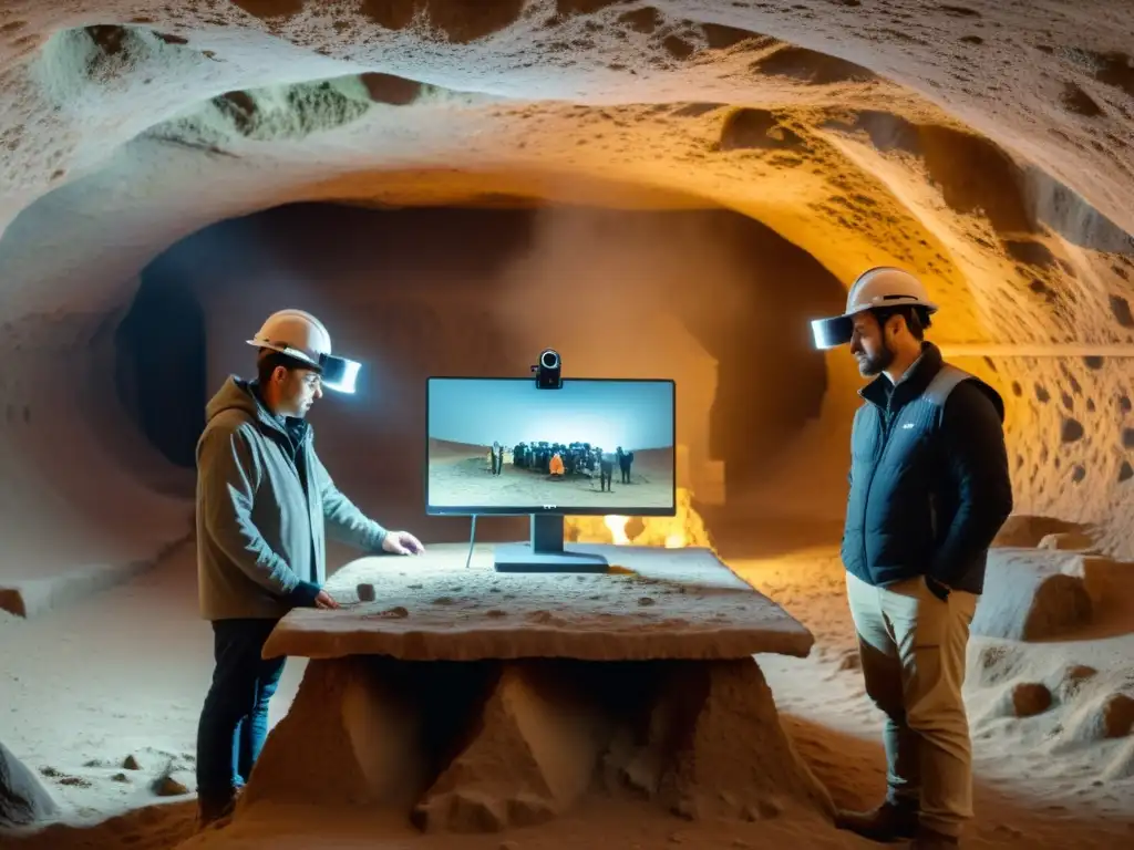 Un equipo de arqueólogos utilizando tecnología de escaneo 3D para recrear una estructura subterránea milenaria, con partículas de polvo flotando en el aire y el suave resplandor del equipo de escaneo iluminando el espacio