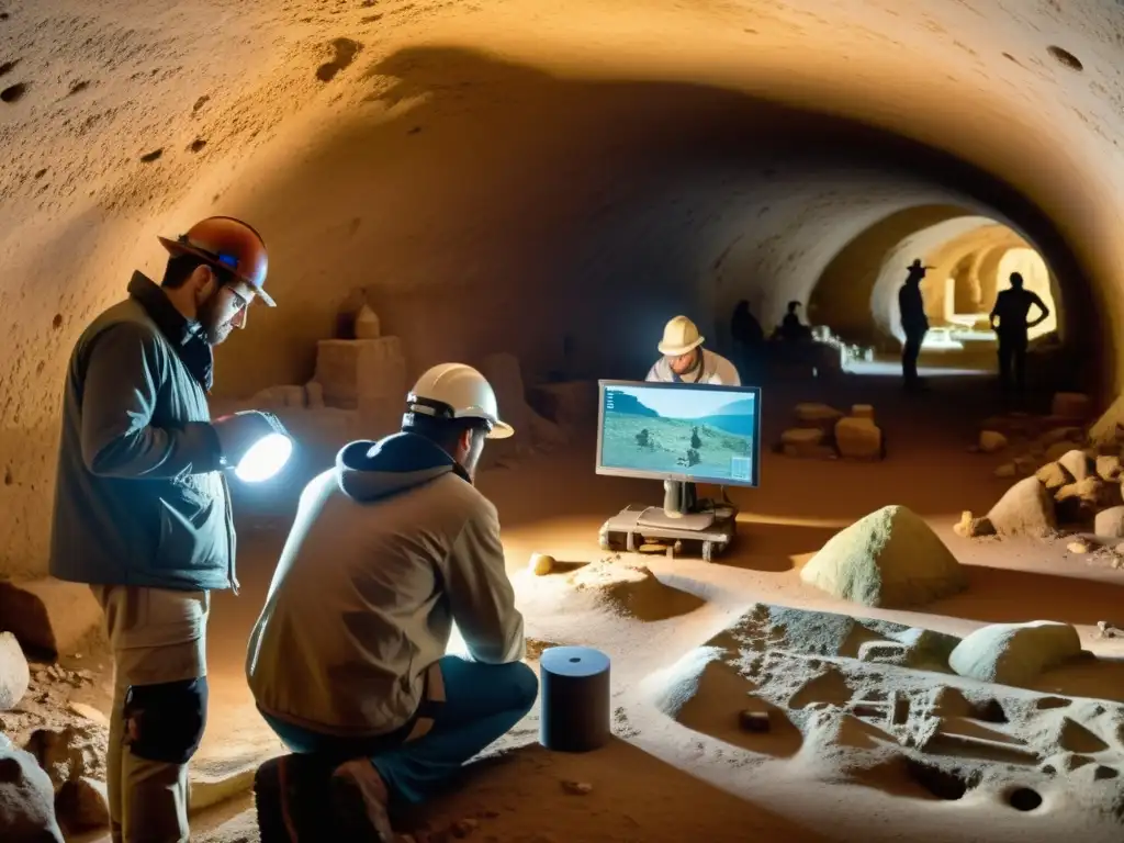 Un equipo de arqueólogos utilizando tecnología de mapeo 3D para explorar ruinas subterráneas, iluminados por la suave luz natural