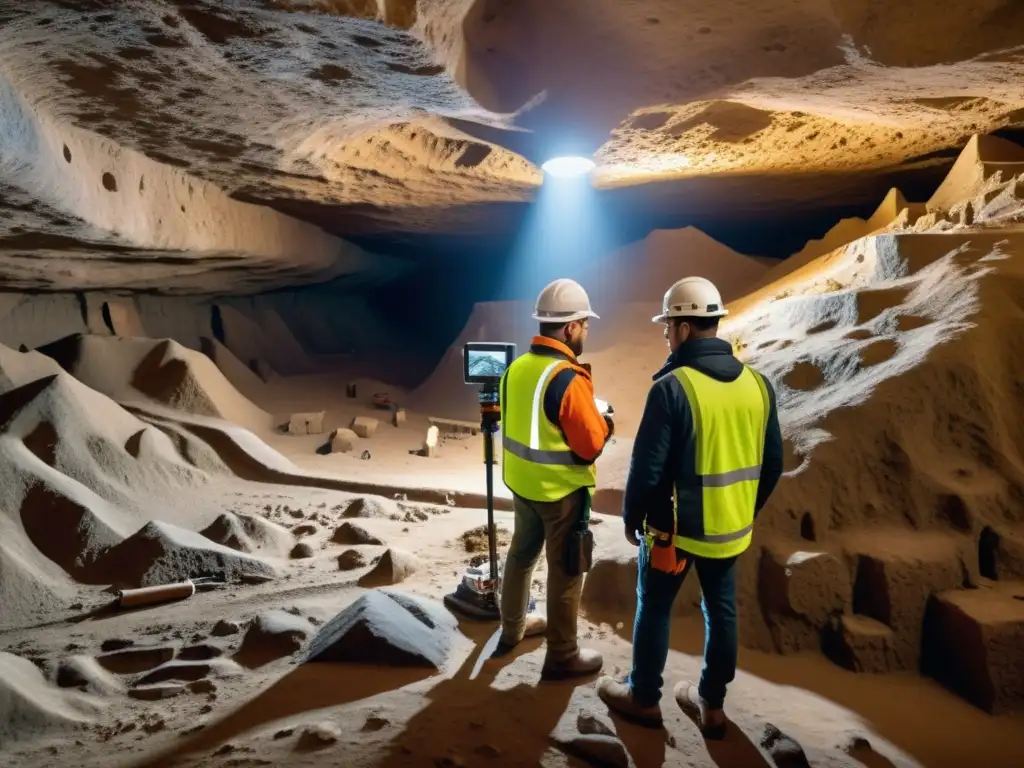 Un equipo de arqueólogos utilizando tecnología de mapeo 3D para explorar un sitio subterráneo, revelando antiguas estructuras y artefactos