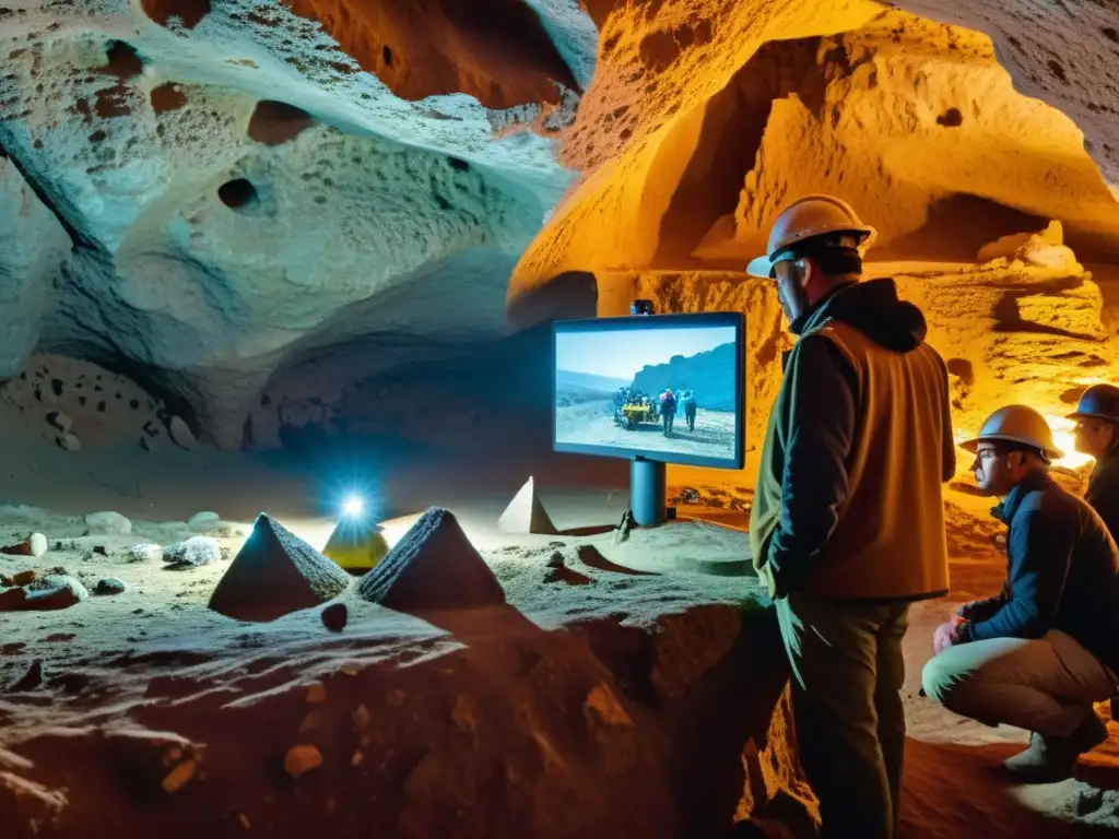 Equipo de arqueólogos utilizando tecnología de mapeo 3D para explorar y documentar sitios arqueológicos subterráneos, con iluminación especial