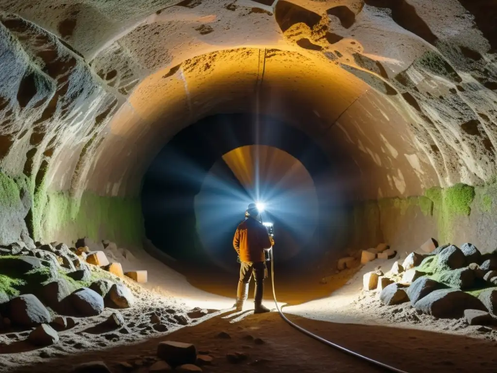 Equipo de arqueólogos usando tecnología 3D para explorar túnel subterráneo, fusionando software y preservación histórica