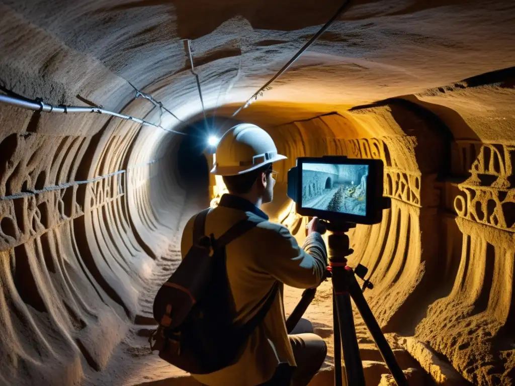 Equipo de arqueólogos utilizando tecnología de mapeo 3D para explorar un túnel histórico, revelando detalles antiguos y capas de historia