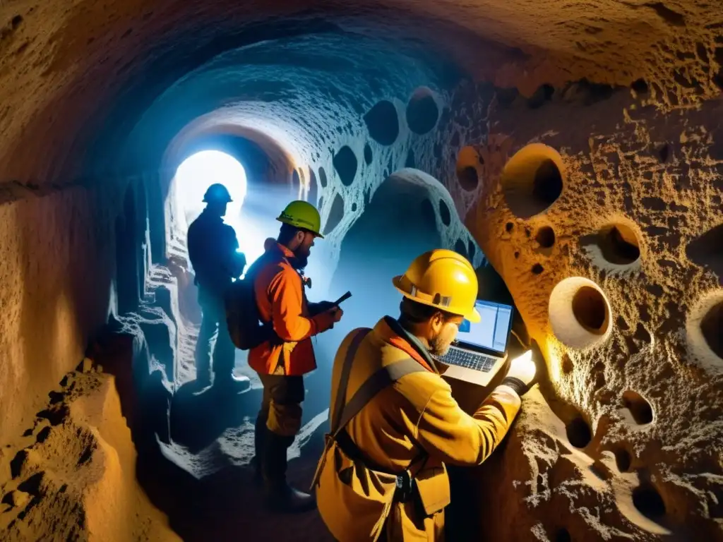 Equipo de arqueólogos utilizando tecnología de mapeo 3D para explorar túneles antiguos, descubriendo secretos ocultos en la penumbra