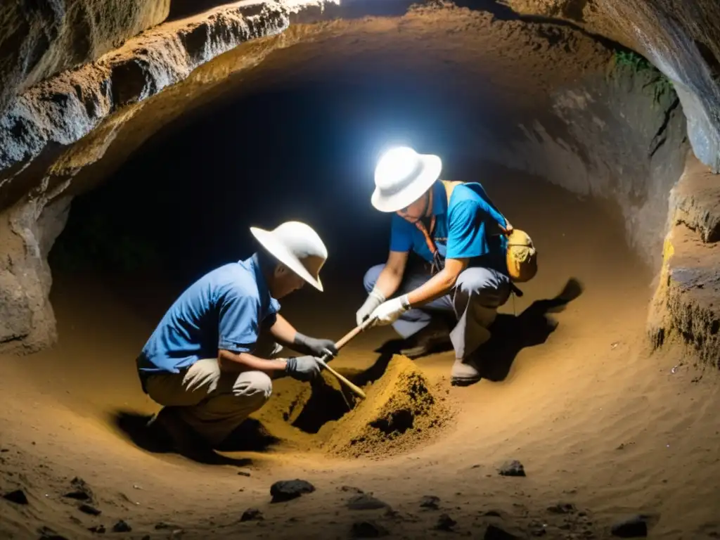 Equipo de arqueólogos en una tensa exploración de túneles de guerra en Vietnam, desenterrando artefactos con cuidado en la penumbra