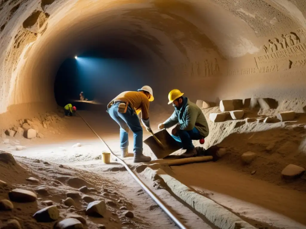 Equipo de arqueólogos descubriendo tesoros en un túnel antiguo, con luz natural y detalles intrincados en las paredes de piedra