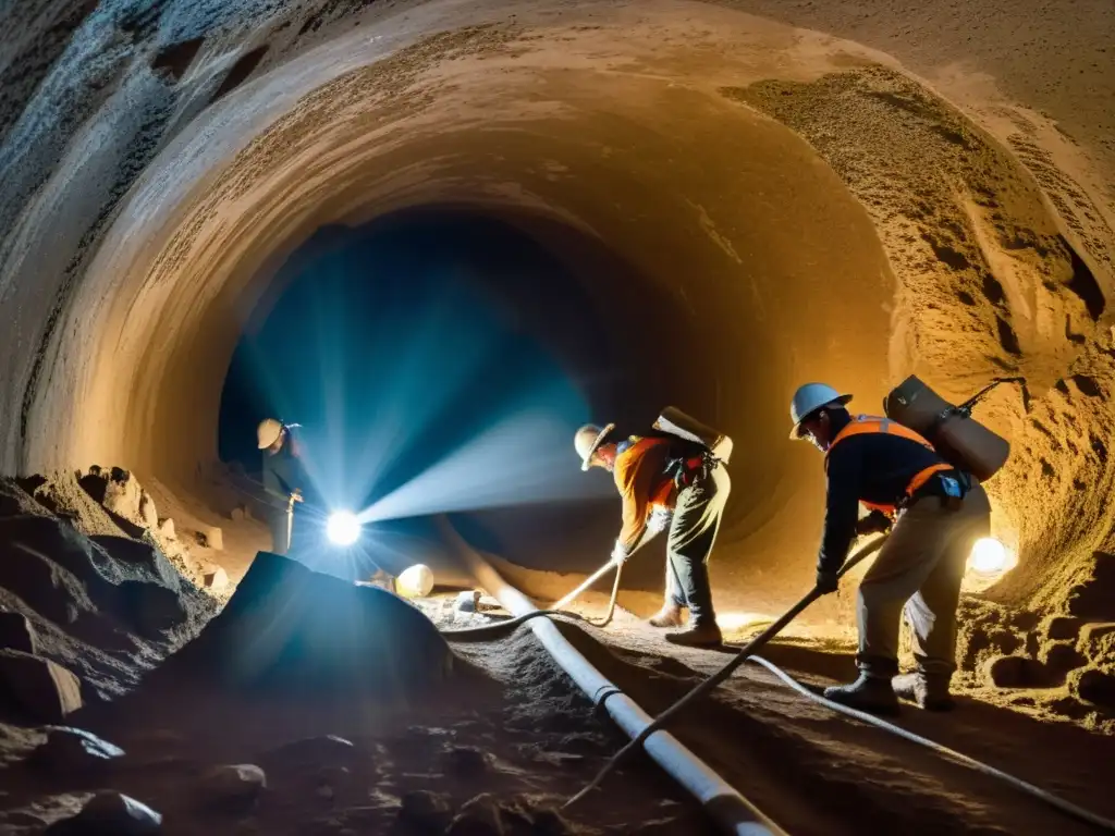 Un equipo de arqueólogos descubriendo tesoros en un túnel subterráneo, revelando la importancia de la arqueología subterránea