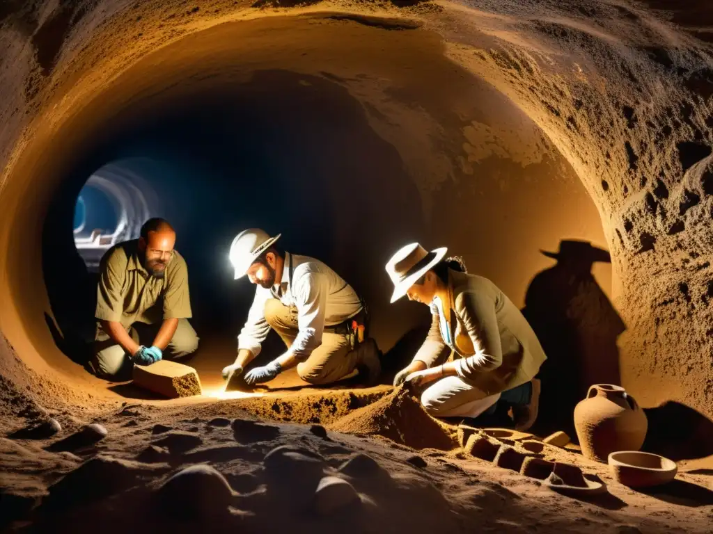 Equipo de arqueólogos descubriendo tesoros en túneles históricos